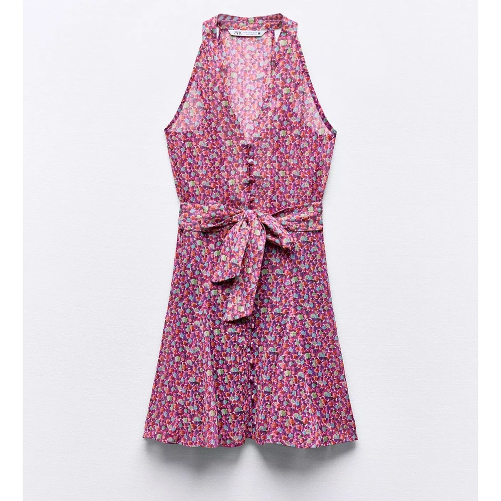 ZARA Floral Tie Waist Mini Dress Pink Multicolor Romantic - Picture 3 of 10